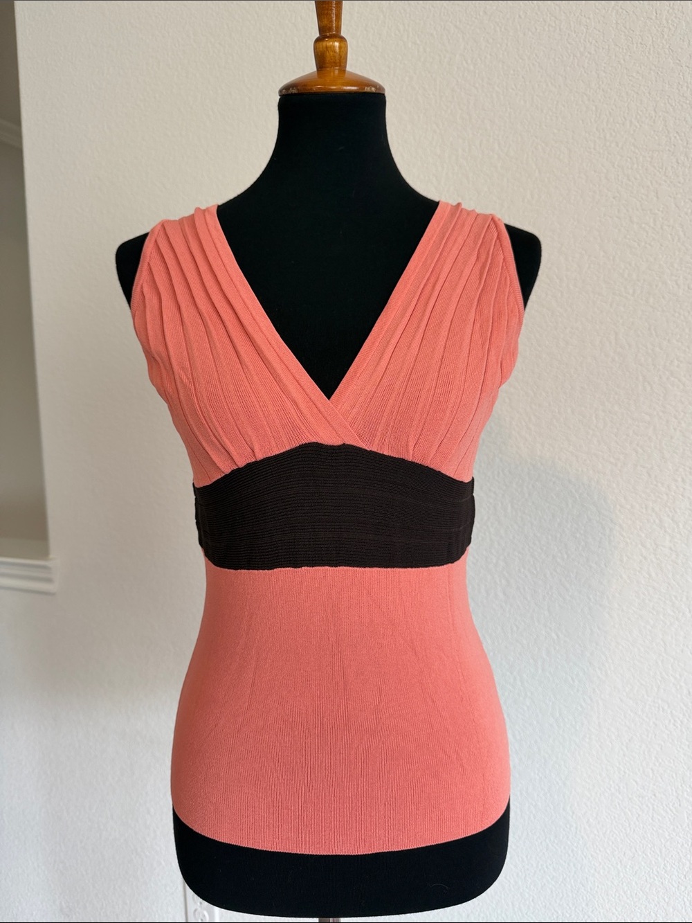 Coral and Brown V-Neck Ribbed Knit Tank